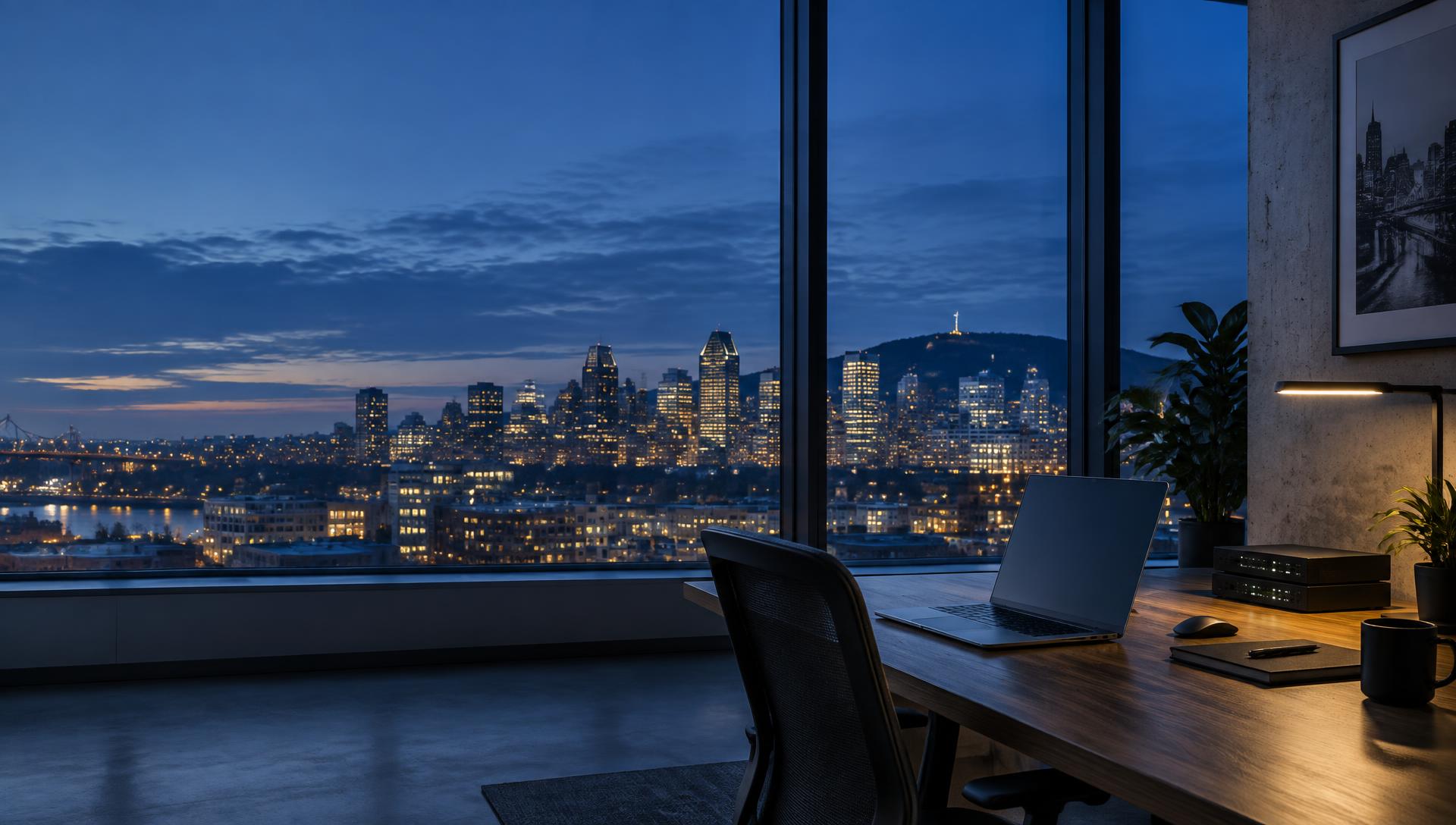 A Montreal office overlooking the city at dusk